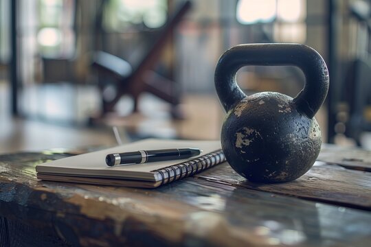 Kettlebell.Weight lifting.Bodybuilding.Kettlebell swings.Powerlifting.A kettlebell on a fitness bench with a workout journal and pen nearby