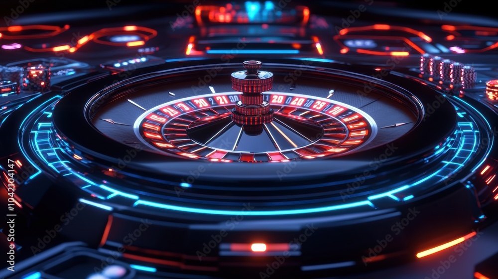 Aufkleber The roulette table glimmers with bright neon numbers, showcasing an exciting atmosphere within a bustling casino at night. Generative AI