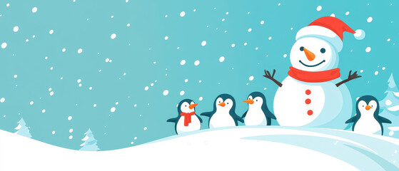 A cheerful snowman in a Santa hat stands with four playful penguins against a snowy blue background.
