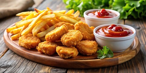 Crispy fried chicken nuggets and french fries with ketchup
