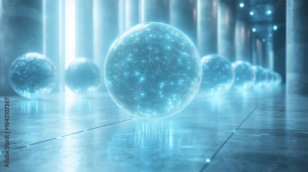 Aufkleber A series of ethereal, glowing spheres line a sleek corridor, reflecting light and creating a mesmerizing atmosphere in a modern setting.