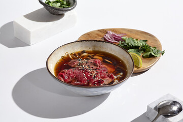 Minimalist Pho Bo with Beef Vibrant Modern Culinary Photography