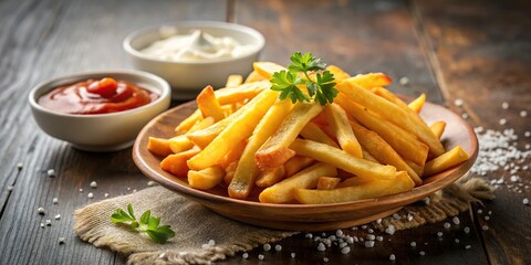 Crispy homemade french fries with salt pepper and ketchup