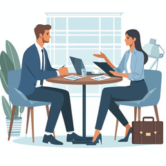 Partners meeting for business discussion with documents and laptop on desk. Couple at round table, speaking, discussing work, partnership. Flat vector illustration isolated on white background