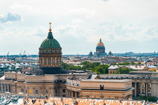Panoramic view of the city and the beautiful roofs on Nevsky prospect on a sunny day from The colonnade of St. Isaac's Cathedral. Saint Petersburg, Russia - 13 Aug 2024