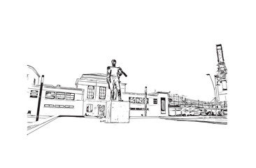 Building view with landmark of Buenaventura Colombia. Hand drawn sketch illustration in vector.