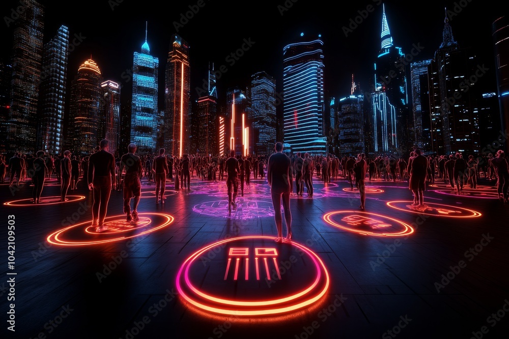 Poster futuristic cityscape filled with holograms of people from different cultures, representing global un