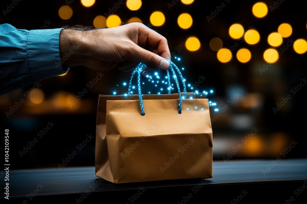 Poster futuristic customer interaction, with a digital loyalty program displayed on a holographic interface