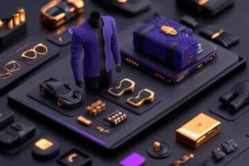 Futuristic person surrounded by digital luxury goods, representing the evolution of materialism in a tech-driven world