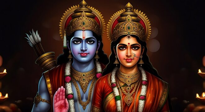 Hindu religious god Rama or Ram with goddess Sita for religious, story of Ramayana, Hindu festival Ram navmi, Dashehara
