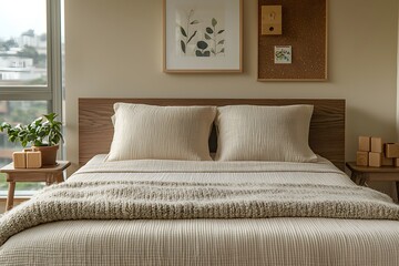 Cozy minimalist bedroom with wooden details and neutral tones for relaxation