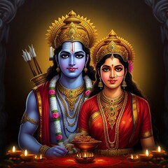 Hindu religious god Rama or Ram with goddess Sita for religious, story of Ramayana, Hindu festival Ram navmi, Dashehara