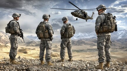 Fototapeta premium Soldiers in Tactical Gear in a Surreal Landscape