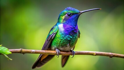 Naklejka premium Crowned Woodnymph Thalurania colombica Iridescent hummingbird perched on a small branch Panoramic