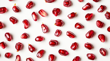 Pattern of Fresh Pomegranate Seeds on White Background