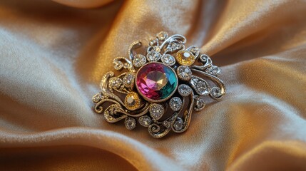 A silver and gold brooch adorned with precious stones, lying on an elegant cloth.