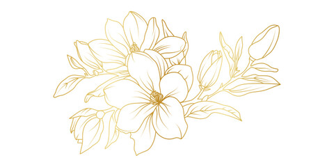 Golden magnolia flowers line art isolated on white background. Luxury magnolia floral design elements for invitation, wedding, wallpaper, print template, vector illustration