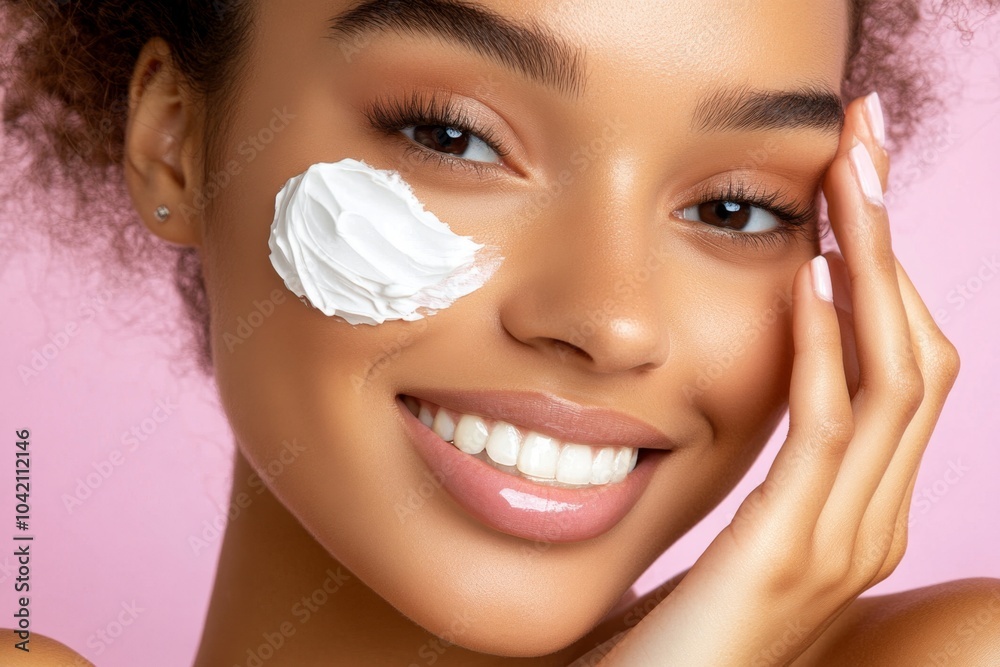 Poster Hyper-realistic close-up of a customerâ€™s face, showing genuine joy and loyalty while using a favorite product