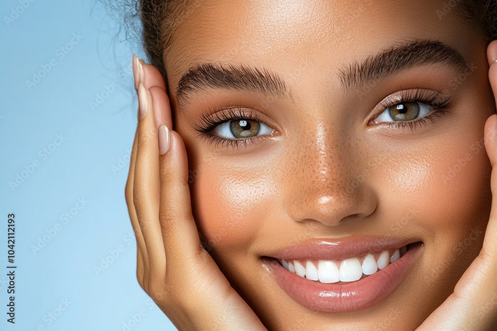Poster Hyper-realistic close-up of a customerâ€™s face, showing genuine joy and loyalty while using a favorite product