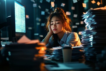 Exhausted Businesswoman in a Chaotic Workspace