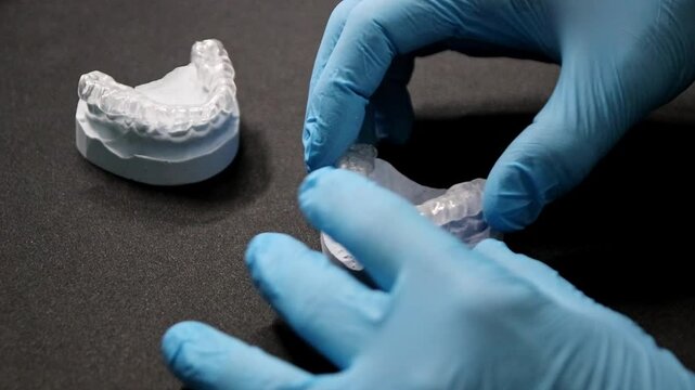 Tooth imprint and dental splint held by Orthodontist with his hands for dental protection against bruxism and gnash protection as dentistry surgery for braces against underbite or crossbite by plaster