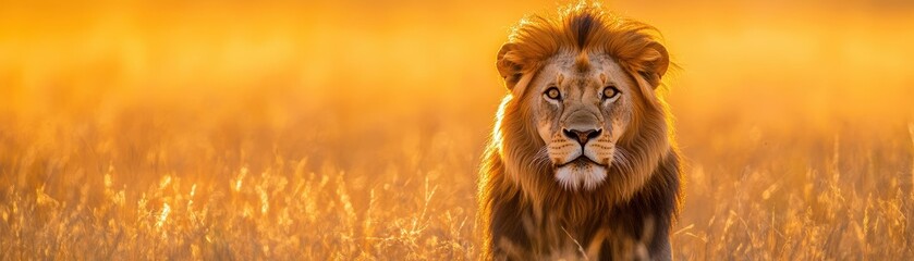 Fototapeta premium A majestic lion stands confidently in golden grass, bathed in warm sunlight, exuding power and grace in its natural habitat.