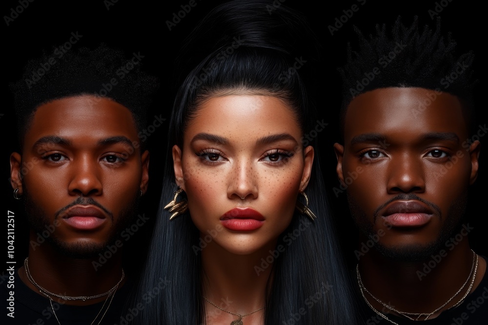 Poster Hyper-realistic portrait of a diverse group, showing intricate details of each face, representing people from different parts of the world
