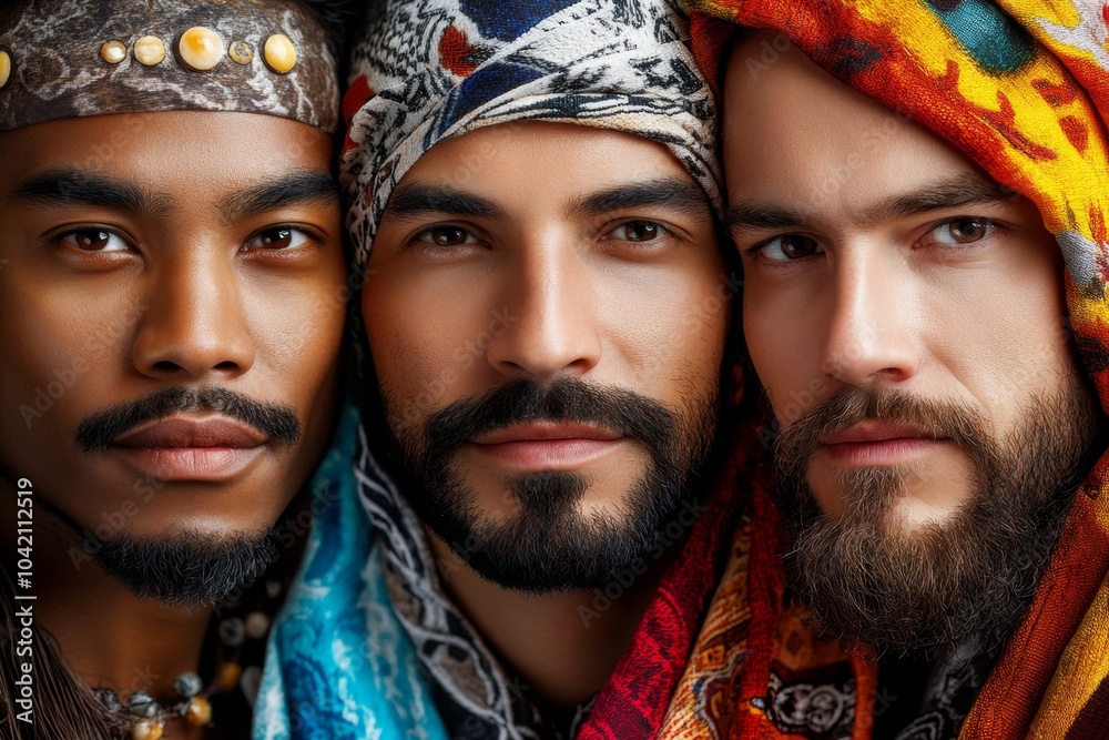 Poster Hyper-realistic portrait of a diverse group, showing intricate details of each face, representing people from different parts of the world