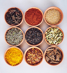 Spices, ingredients and arrangement of herbs seasoning on studio background for cooking and top view. Variety bowl, organic condiments or flavor selection with curry leaves, cinnamon or ground pepper