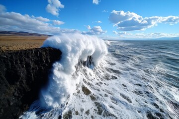 Hyper-realistic view of Marfaâ€™s rocky shorelines, with intricate details of the waves crashing against the rugged cliffs