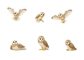 Obraz premium in various positions on a white background- one flying, one perched, one turning its head, one spreading wings, one resting, one looking around.