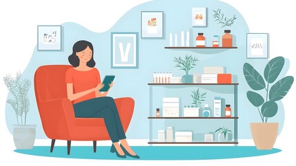 Fototapeta premium Woman Using Smartphone Surrounded by Health Supplements