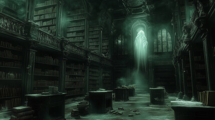 Obraz premium Haunting library with ghostly figure illuminated by moonlight in a dark, abandoned setting