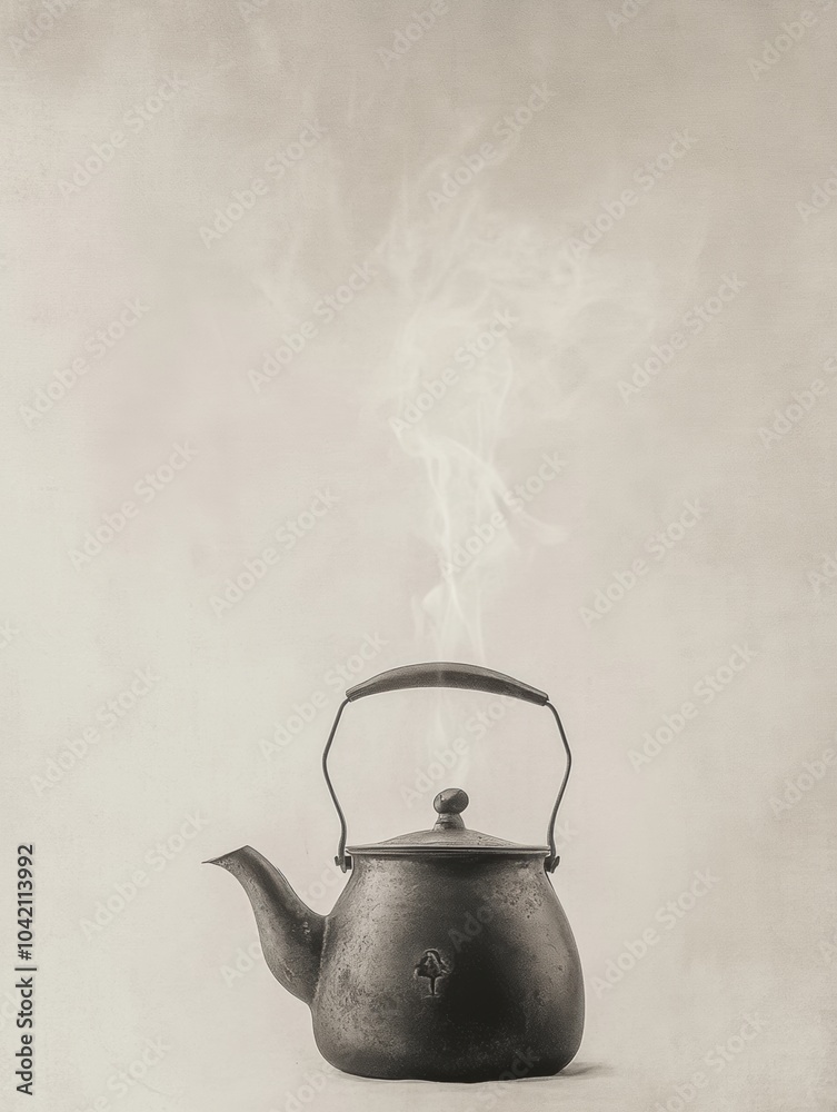Poster a vintage kettle steams gently as it sits against a light, muted backdrop, creating a calming atmosp