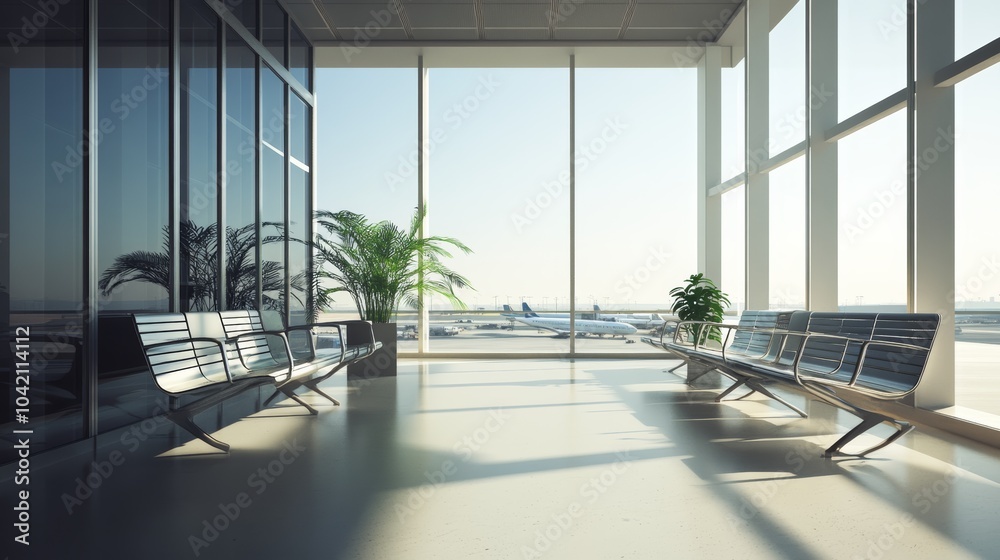 Aufkleber Sunlight is streaming through the windows of an empty airport terminal waiting area. Several airplanes are visible in the background
