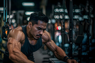 Portrait of a muscle latin man exercising at a gym