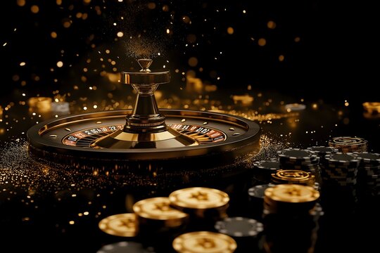 Stck of poker chips and glod coins put in front a black matte card on gold roulette on black background