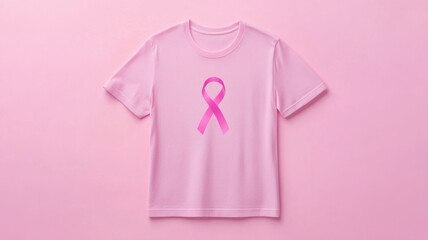 Modern minimal design of a pink t-shirt featuring a large breast cancer awareness ribbon, placed on a soft pastel background to emphasize the simplicity and message. Breast Cancer Awareness Month