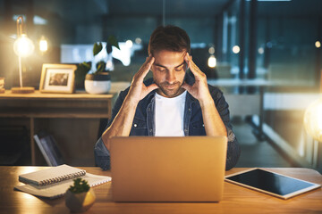 Business, man and laptop with headache of stress for stock market crash, burnout and overworked....