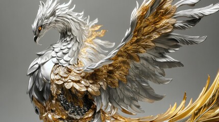 Fototapeta premium A silver and gold sculpture of a phoenix, detailed with intricate feathers and smooth, polished surfaces.