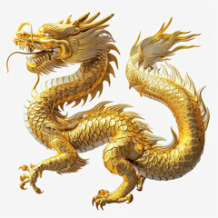 Fototapeta premium A majestic golden dragon with intricate scales and a fierce expression isolated on white background, symbolizing power and strength.