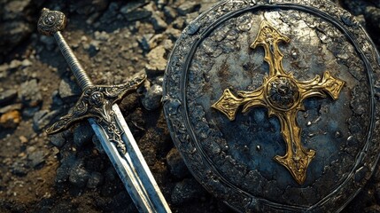 A silver and gold sword resting against a medieval shield, both finely detailed.