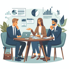 Partners meeting for business discussion with documents and laptop on desk. Couple at round table, speaking, discussing work, partnership. Flat vector illustration isolated on white background