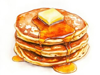 A stack of fluffy watercolor pancakes dripping with golden syrup, butter melting on top, painted in soft warm colors on a white background.