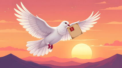Obraz premium Greeting card with a white dove flying in the sky