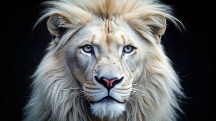 Fototapeta premium Wild White Lion Face on Black Background - Candid Photography for Animal Lovers