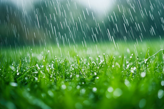 Green grass in heavy rain with blurred background