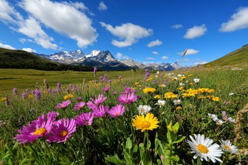 Obraz premium Monte Fitz Roy framed by vibrant wildflowers in the summer, adding a touch of color and life to the rugged, mountainous backdrop
