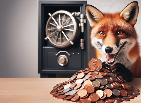 Der schlaue Fuchs freut sich, mit Geldm&uuml;nzen Stapel und Tresor, copy space