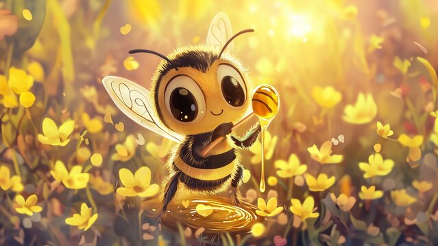 Niedliche Cartoon-Biene schw&auml;rmt f&uuml;r goldenen Honig. Kindgerechte Illustration mit liebevollem Charakter. Verspielte Zeichnung f&uuml;r Kinderb&uuml;cher, Bildung und s&uuml;&szlig;e Designs